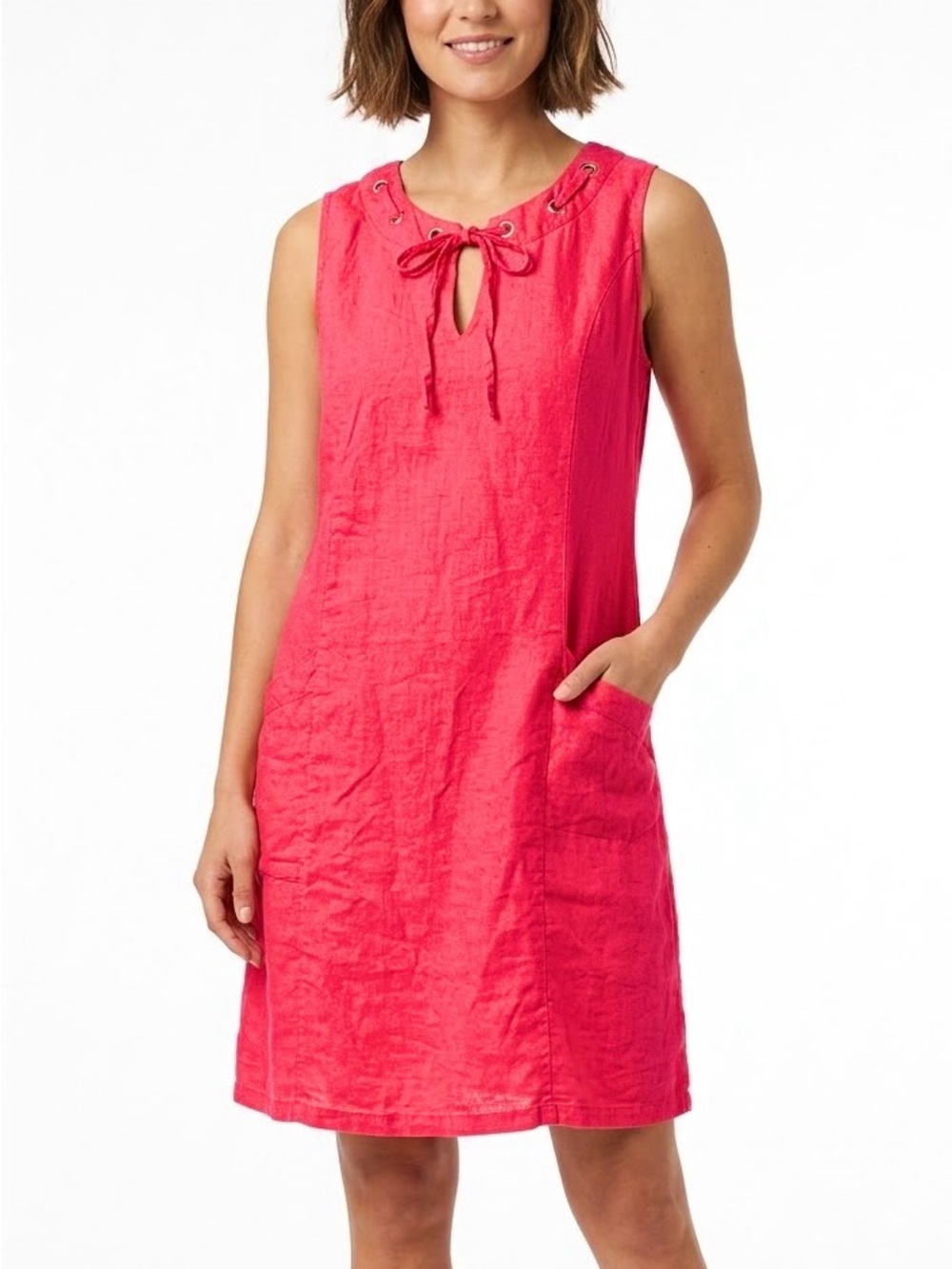 BLU #9 Sleeveless Linen Midi Dress Hot Pink Braided Drawstring Pockets Medium